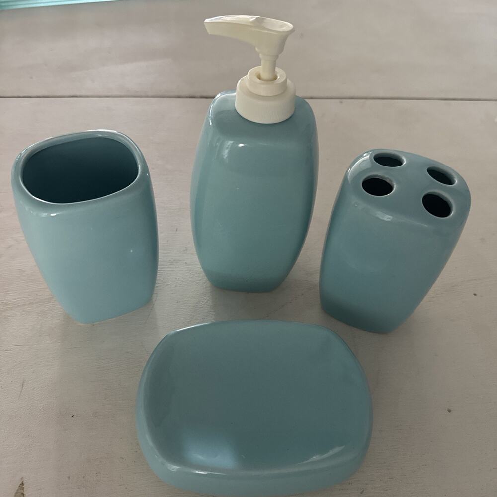 MCM 4 Pc Blue Bathroom Vanity Set Soap Pump,Soap Dish, Tooth Brush Holder, Cup